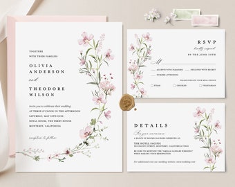 Blush Pink Wedding Invitation Template, Boho Floral Wedding Invite Set, Sage Blush Wildflower Minimalist Details Card, Printable RSVP