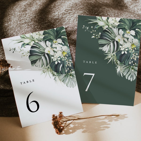 Tropical Wedding Table Numbers Card Template, Monstera Table Numbers, Boho Sage Palm Tree Destination Beach Printable Table Number Cards