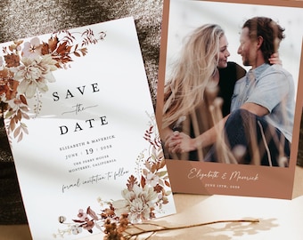 Modèle de cartes de réservation en terre cuite d'automne, photo mariage rustique, réservez des dates, Boho automne beige verdure, cartes de réserve florales