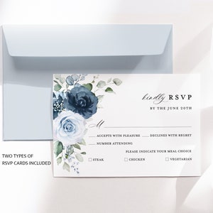 Dusty Blue Navy Wedding Invitation Template Set, Floral Boho Wedding Invites Suite, Elegant Garden Steel Light Blue Rose Details RSVP image 6