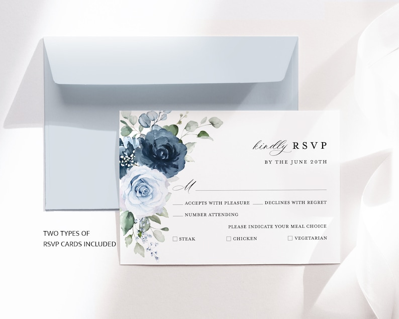 Dusty Blue Navy Wedding Invitation Template Set, Floral Boho Wedding Invites Suite, Elegant Garden Steel Light Blue Rose Details RSVP image 6