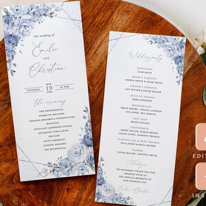 May include: A wedding ceremony programme with a blue floral design. The programme includes the order of events for the ceremony and the wedding party. The text includes the names Emilie and Christian.