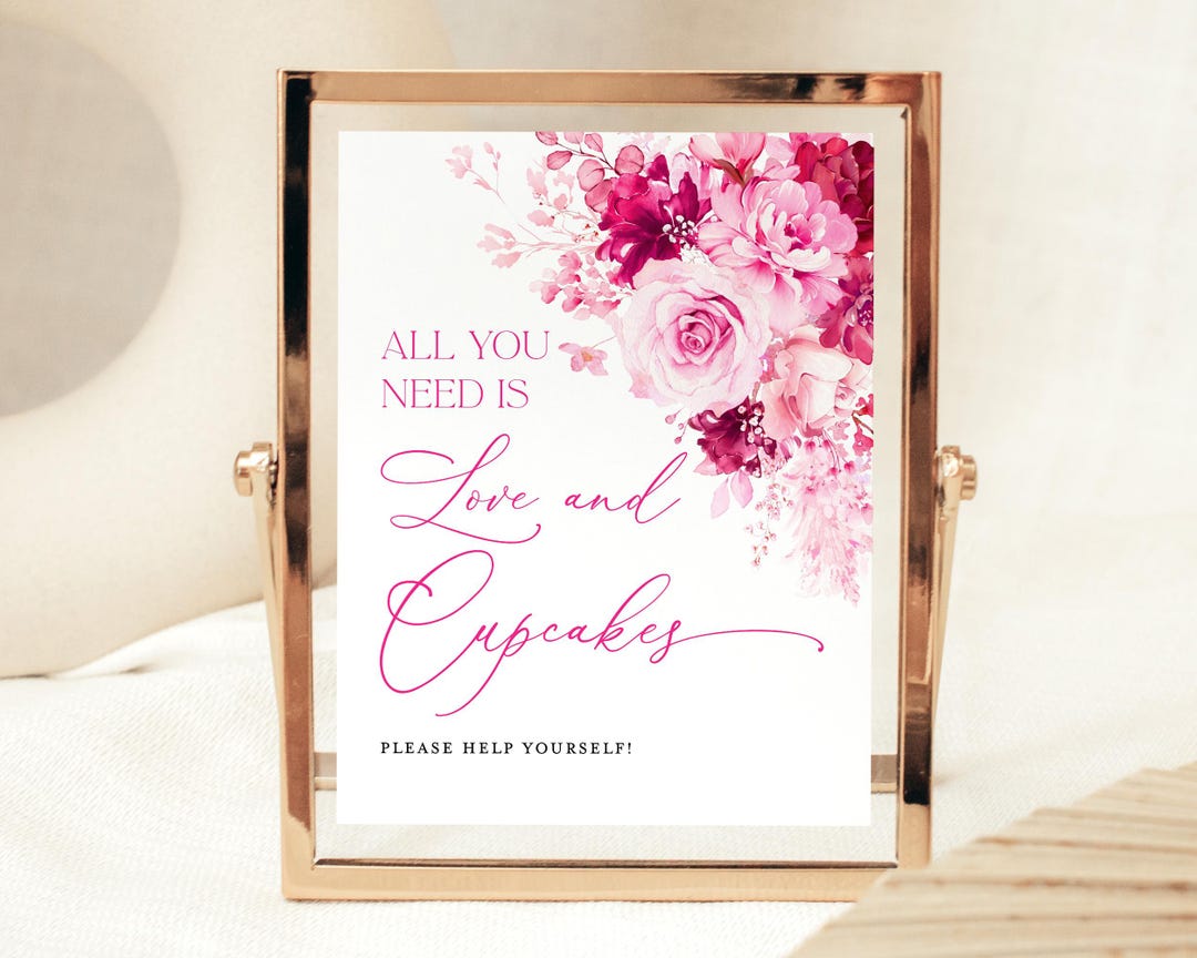 Hot Pink Cupcake Signs, Printable Floral Bridal Shower Table Decor Sign ...