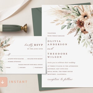Boho Wedding Invitation Template, Sage Minimalist Invite, Elegant Floral Pampas Greenery Invitation Set, Terracotta Printable RSVP