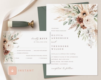 Plantilla de invitación de boda boho, invitación minimalista de salvia, elegante conjunto de invitación floral de pampas verdes, confirmación de asistencia imprimible en terracota