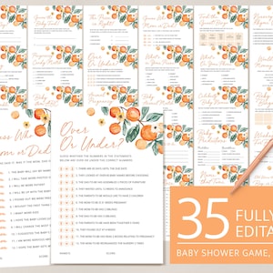 Baby Shower Games, Printable Orange Citrus Baby Shower, Editable A Little Is On The Way Cutie Shower Game Template, Games Pack, Download