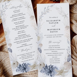 May include: A wedding ceremony program with a watercolor design featuring seashells, starfish, and coral. The program lists the wedding party, the ceremony order, and the names of the bride and groom: Elizabeth Taylor and Maverick Davis. The wedding is scheduled for Saturday, May 16th, 2026, at 3 o'clock in the afternoon.