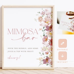 Mimosa Bar Sign, Printable Boho Blush Bridal Shower Juice Tag, Editable Wildflower Baby Shower Mimosa Sign and Tag, Instant Download, Amy