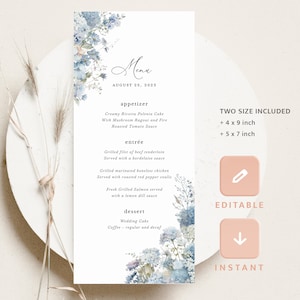 Szablon karty menu weselnego Dusty Blue, boho kwiatowe menu przyjęcia, eleganckie menu kolacji w jasnoniebieskim kolorze ogrodowym do wydrukowania, natychmiastowe pobranie