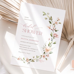 Boho Floral Bridal Shower Invitation Template, Blush Pink Minimalist Shower Invite, Printable Dusty Pale Rose Shower, Editable Invite, Leah