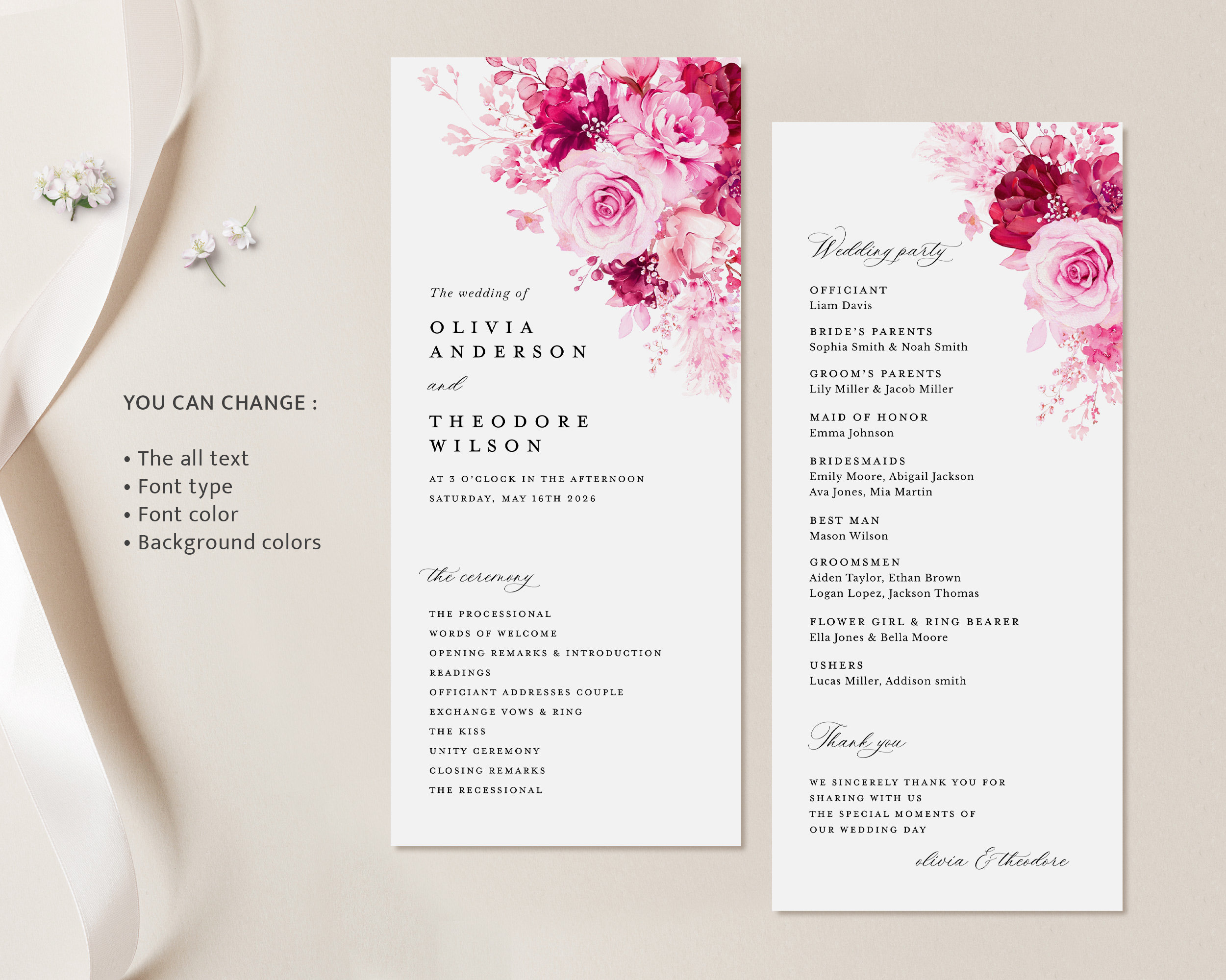 Hot Pink Wedding Programs Template, Floral Ceremony Program, Elegant ...