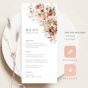 Boho Terrakotta Hochzeit Menükarten Vorlage, Florales Eingangsmenü, druckbare elegante Garten Orange Abendmenü, Instant Download