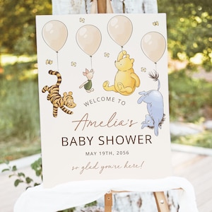 Klassische Winnie The Pooh Babyparty Willkommensschild-Vorlage, Ballon Bearbeitbares Geschlechtsneutrales Mädchen Junge Pooh Freunde Willkommensplakat, Download