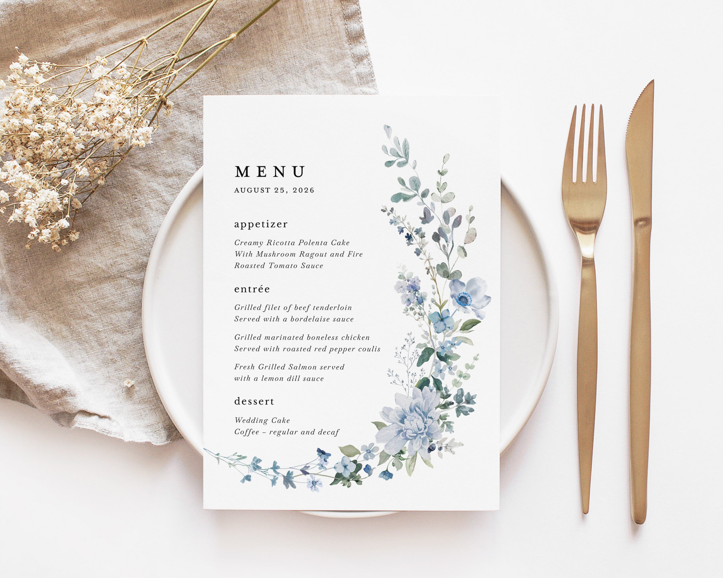 Boho Wedding Menu Cards Template, Dusty Blue Wildflower Reception Menu ...
