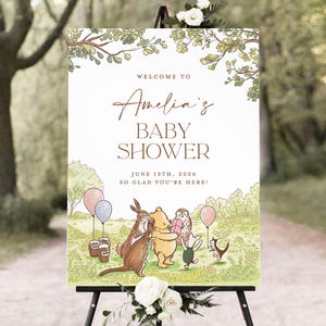 Plantilla clásica de bienvenida para baby shower de Winnie the Pooh, letrero editable de "Oh Baby Shower", póster de bienvenida con oso verde, descarga instantánea imagen 4