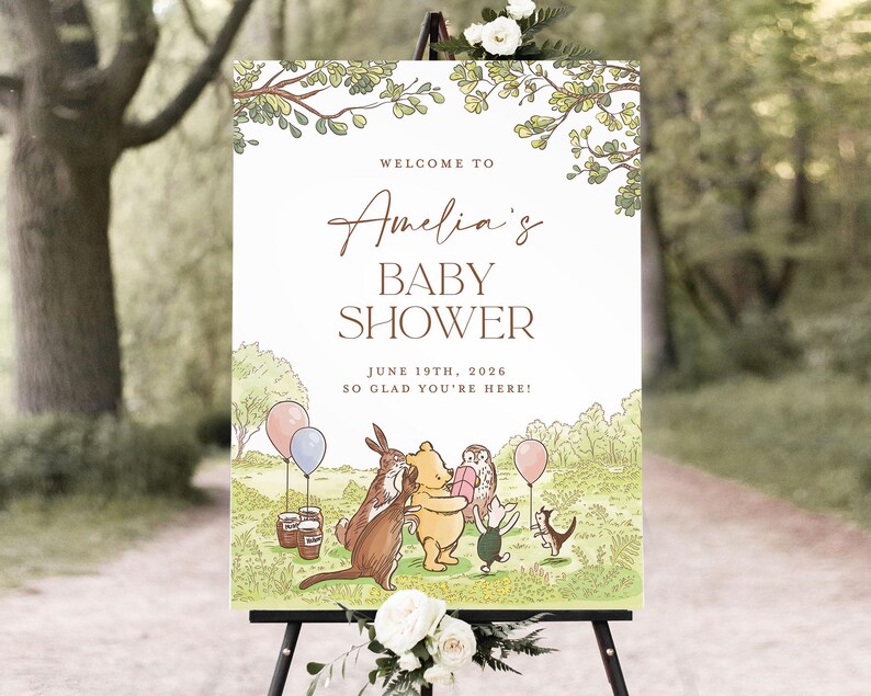 Plantilla clásica de bienvenida para baby shower de Winnie the Pooh, letrero editable de "Oh Baby Shower", póster de bienvenida con oso verde, descarga instantánea imagen 4