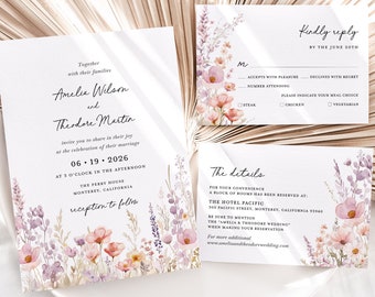 Lilac Pink Wildflower Wedding Invitation Template Set, Boho Lavender Wedding Invite Suite, Colorful Whimsical Dusty Blush Pink Details, RSVP