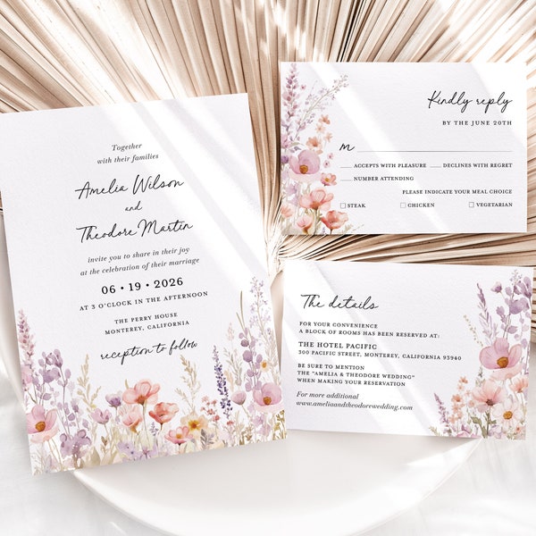 Lilac Pink Wildflower Wedding Invitation Template Set, Boho Lavender Wedding Invite Suite, Colorful Whimsical Dusty Blush Pink Details, RSVP