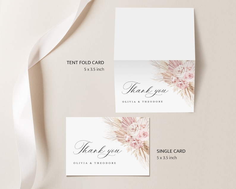 Blush Pink Wedding Thank You Card Template, Boho Floral Thank You Note ...