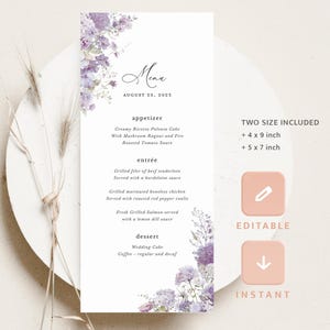 Szablon karty menu weselnego z lawendą i bzem, kwiatowe menu przyjęcia boho, eleganckie menu kolacji z fioletowymi kwiatami do wydrukowania, natychmiastowe pobranie