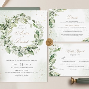Ensemble de modèles de faire-part de mariage verdure sauge, suite d'invitation de mariage bohème eucalyptus, carte de détails rustique élégant, RSVP imprimable, Ella