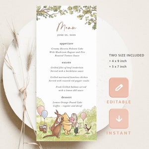 Plantilla clásica de tarjetas de menú de baby shower de Winnie The Pooh, menú de baby shower, menú de brunch de baby Pooh editable imprimible, descarga instantánea