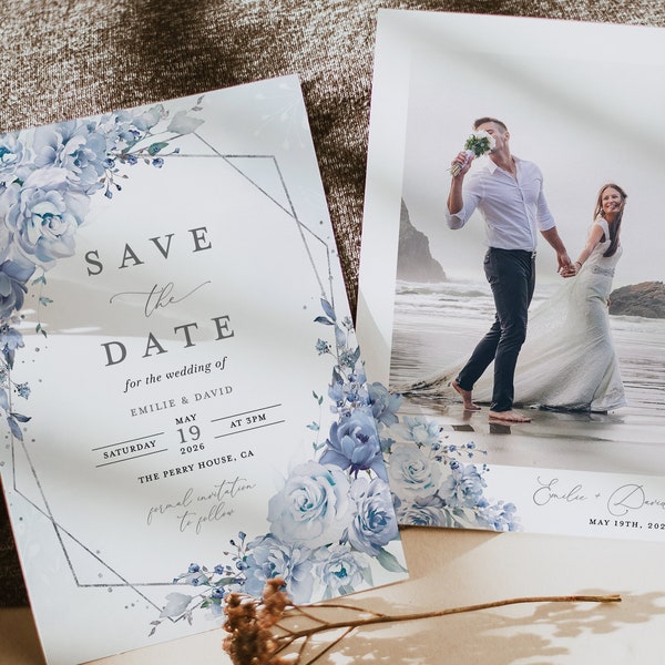 Modèle "Retenez cette date" bleu poussiéreux, photo florale de mariage, réservez des dates, Boho, élégantes cartes de réservation géométriques argentées, téléchargement immédiat