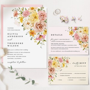 Conjunto de modelos de convites de casamento em tons pastéis coloridos, conjunto de convites de casamento florais em rosa e amarelo, detalhes do jardim de primavera em tom boho, RSVP, download imagem 1