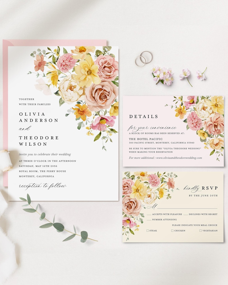 Conjunto de modelos de convites de casamento em tons pastéis coloridos, conjunto de convites de casamento florais em rosa e amarelo, detalhes do jardim de primavera em tom boho, RSVP, download imagem 1