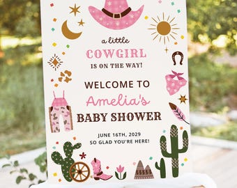 Szablon powitalnego napisu na baby shower z motywem małej kowbojki, różowy napis na baby shower w stylu western, edytowalny plakat na baby shower w stylu Dzikiego Zachodu, pobierz