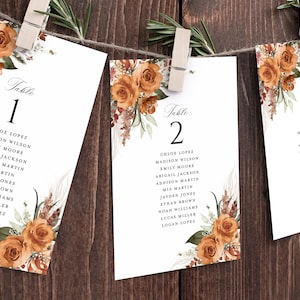 Modello di carta per grafici dei posti a sedere per matrimoni in terracotta, numeri di tavolo Boho, tavola per posti a sedere per gli ospiti appesa floreale di rosa arancione bruciata modificabile, Scarica