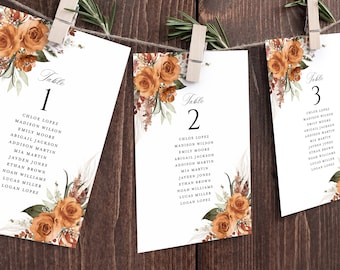 Terracotta Wedding Seating Chart Card Template, Boho Table Numbers, Editable Burnt Orange Rose Floral Hanging Guest Seating Board, Download