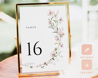 Plantilla de número de mesa de boda rosa rubor, números de mesa boho floral, tarjetas de número de mesa diy imprimibles modernas minimalistas de flores silvestres
