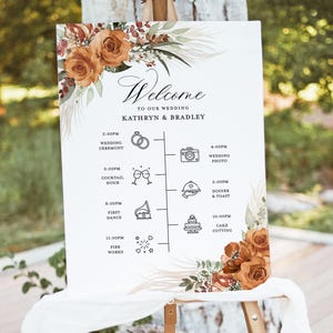 Plantilla de signo de bienvenida de la línea de tiempo de la boda de terracota, cartel del programa floral boho, itinerario del día de la boda editable elegante de la rosa naranja quemada