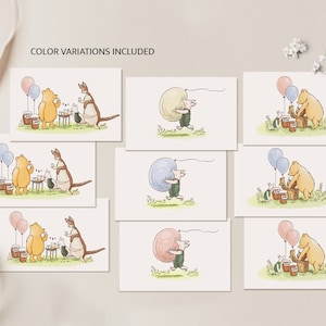 May include: Set of eight illustrated cards featuring Winnie the Pooh and Piglet. The cards depict Winnie the Pooh and Piglet enjoying a picnic with a kangaroo, and Piglet holding a balloon in various colors.