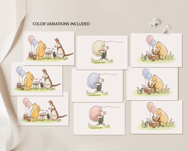 May include: Set of eight illustrated cards featuring Winnie the Pooh and Piglet. The cards depict Winnie the Pooh and Piglet enjoying a picnic with a kangaroo, and Piglet holding a balloon in various colors.
