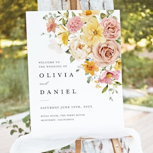 Modelo de placa de boas-vindas para casamento em tons pastéis coloridos, placa floral rosa e amarela, placa de decoração para recepção de jardim com estilo boho blush para impressão, download
