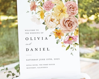 Modelo de placa de boas-vindas para casamento em tons pastéis coloridos, placa floral rosa e amarela, placa de decoração para recepção de jardim com estilo boho blush para impressão, download