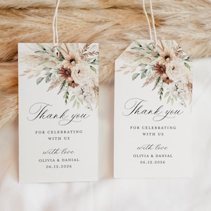 Boho Wedding Favors Tag Template, Terracotta Thank You Tag, Floral Pampas Sage Shower Gift Tag, Printable Square Circle Tag For Favors