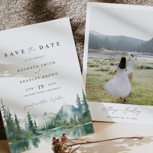 Berg Save The Date Vorlage, See Wald Foto Hochzeit Save The Dates, Wald Hochzeitsdatum, druckbare rustikale Sage Save The Date Karten