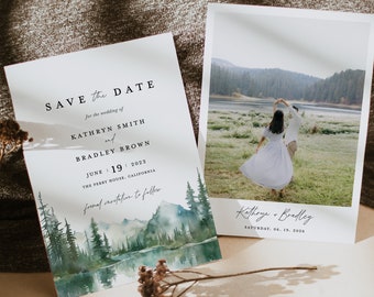 Mountain Save The Date Template, Lake Forest Photo Wedding Save The Dates, Woodland Wedding Date, Printable Rustic Sage Save The Date Cards