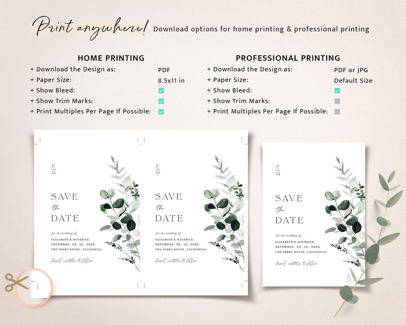 Sage Green Save The Date Template, Minimal Photo Wedding Save The Dates, Printable Greenery Rustic Botanical Save The Date Cards, Download image 6
