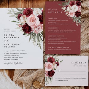 Burgundy Wedding Invitation Template, Boho Blush Pink Rose Wedding Invite Suite, Sage Marsala Floral Details Card, Printable RSVP, Download image 2