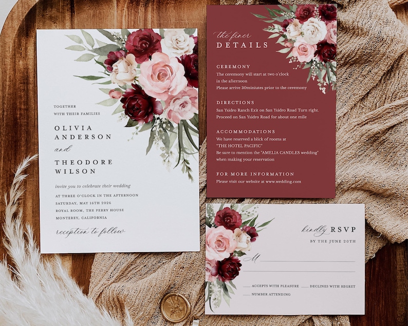 Burgundy Wedding Invitation Template, Boho Blush Pink Rose Wedding Invite Suite, Sage Marsala Floral Details Card, Printable RSVP, Download image 2