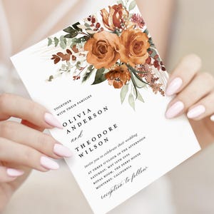 Mall för bohemisk terrakottabröllopsinbjudan, elegant blommig bröllopsinbjudan, utskrivbar modern bröllopsinbjudan med bränd orange ros, ladda ner