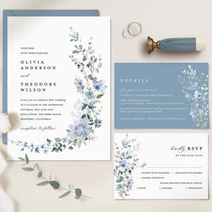 Dusty Blue Wedding Invitation Template Set, Boho Wildflower Wedding Invite Suite, Elegant Floral Light Steel Blue Details, RSVP, Download
