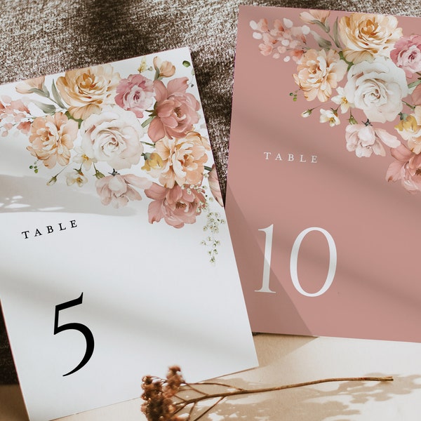 Dusty Rose Wedding Table Number Card Template, Blush Pink Boho Table Numbers, Elegant Floral Modern Printable Table Number Cards, Download