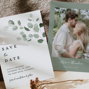 Salbei Grün Save the Date Karten Vorlage, Foto Eukalyptus Hochzeit Save The Dates, Rustikale Grüne Blumen Save The Date Karten, Download