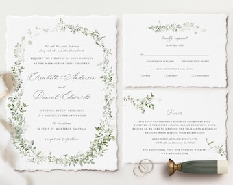 Minimalist Wedding Invitation Template, Fine Art Classic Elegant Wedding Invite Set, Sage Green Wreath Editable RSVP, Greenery Details