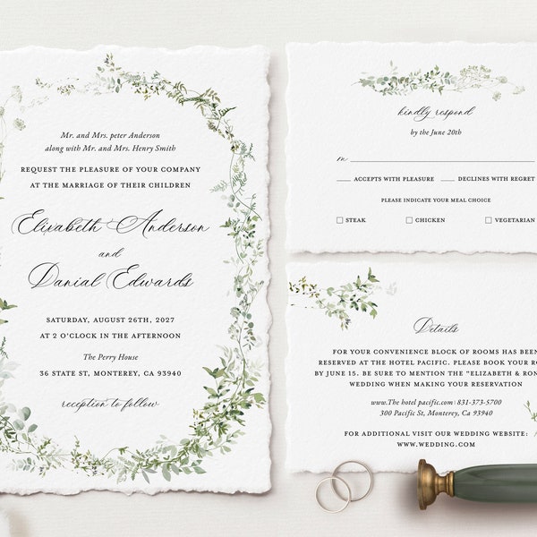 Minimalist Wedding Invitation Template, Fine Art Classic Elegant Wedding Invite Set, Sage Green Wreath Editable RSVP, Greenery Details